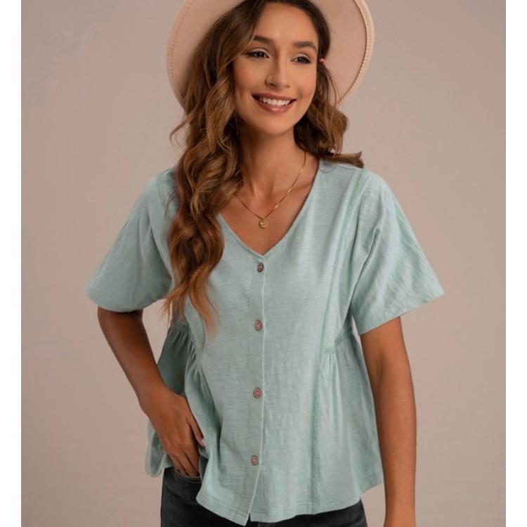 Petallush Solid Color V Neck Button-Up Blouse